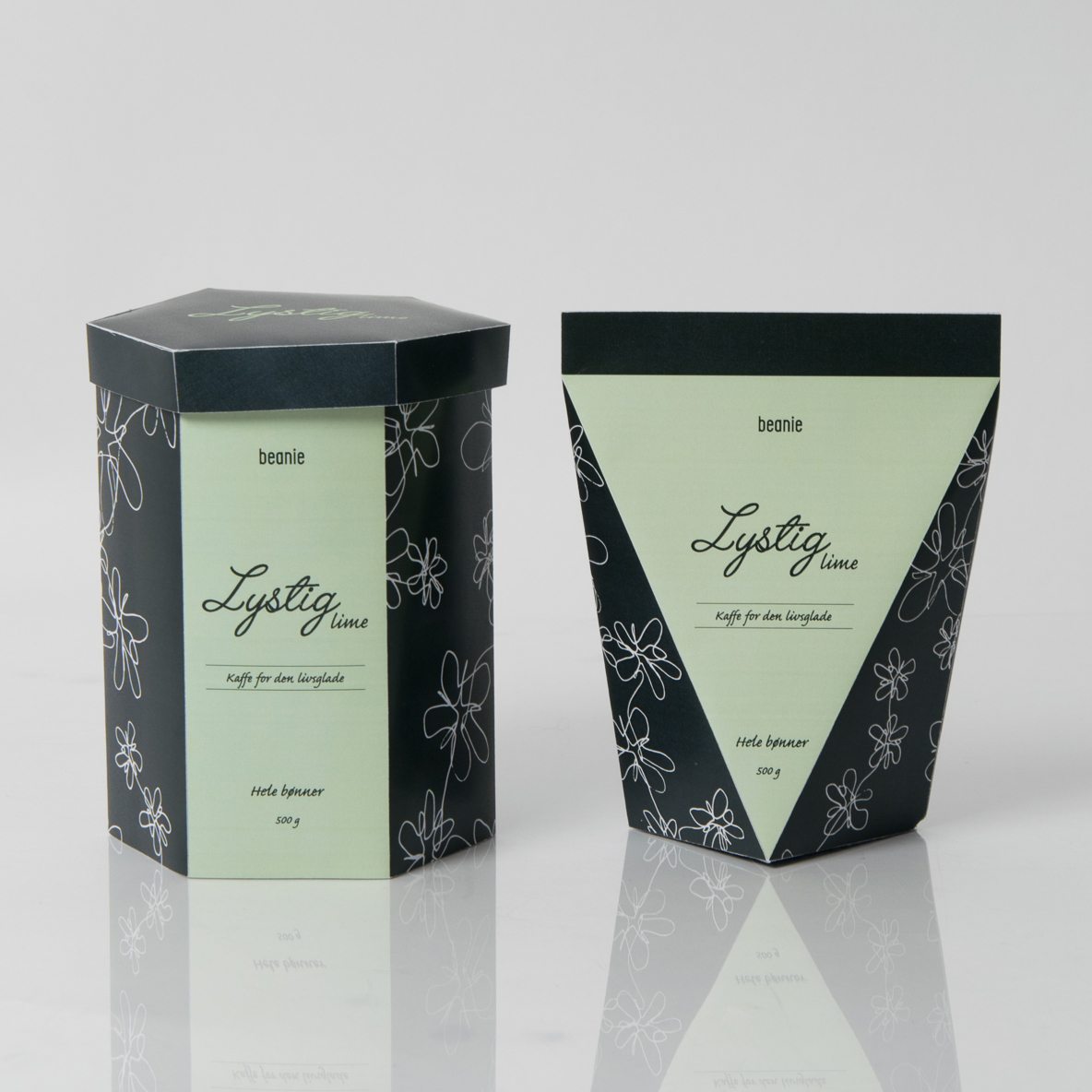 Kaffepakninger for Beanie. Pakningene er pastellgrønne og svart med illustrasjon av hvite kaffeblomster.